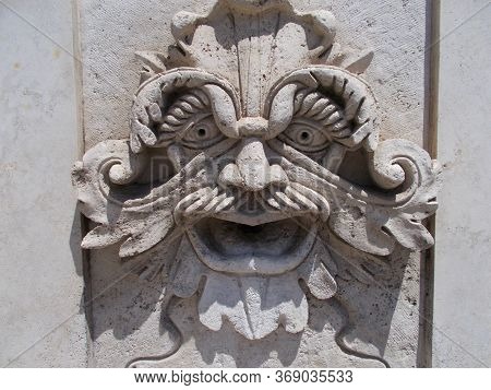 Fountain, Stone Mask In The Town Of Frascati, Italy.