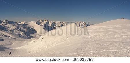 Panoramic View Of The Mountains Of France On A Winter Sunny Day. Haute Savoy, France. Snow Park.