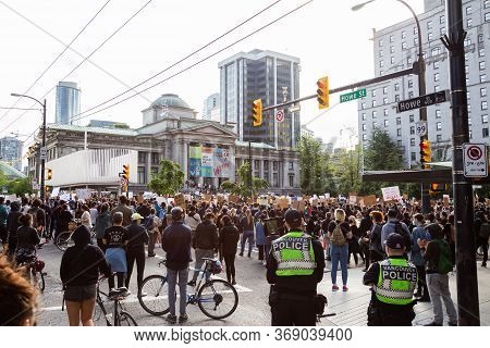 Downtown Vancouver, British Columbia, Canada - May 31, 2020: Big Crowd Of People Protesting On Black