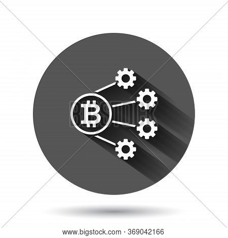 Bitcoin Icon In Flat Style. Blockchain Vector Illustration On Black Round Background With Long Shado