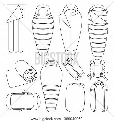 Sleeping Bag Isolated Vector Illustration On White Background . Line Set Icon Camping Bed. Vector Li