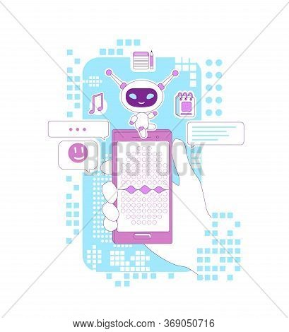 Super Bot Thin Line Concept Vector Illustration. Hand Holding Smartphone With Personal Assistant App