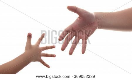 Small Child's Hand Reaches Fathers Hand Man Isolated On White Background, Parenting Love Concept