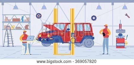 Auto Service, Car Electronic Diagnostics. Automobile With Wire Under Open Hood. Mechanic Repairman W