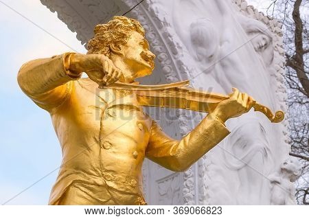 Statue Close Up View Of Gilded Bronze Monument Of Johann Strauss In Vienna, Austria