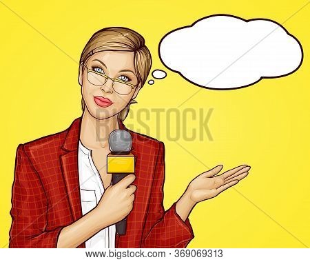 Pop Art Beautiful Female Tv Reporter Broadcasts Live. Young Woman Journalist, Presenter In Jacket An