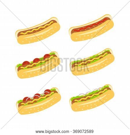 Set Of Hotdogs With Salad, Cucumber, Tomato, Onion, Ketchup Or Mustard. American Fast Food. Flat Vec