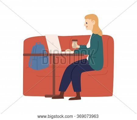 Woman Chatting On Laptop Sitting At Cafe Table Vector Flat Illustration. Happy Freelancer Female Wor