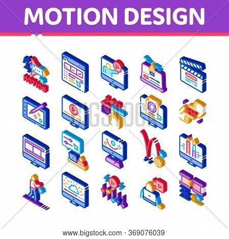 Motion Design Studio Icons Set Vector. Isometric Movie Motion Redactor Programme On Computer Screen 