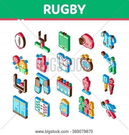 Rugby Sport Game Tool Icons Set Vector Rugby Ball And Gates, Athlete Protection Equipment And Glove,