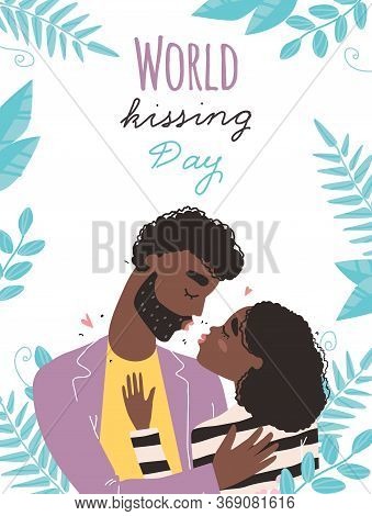 World Kissing Day. Romantic Black African American Couple In Love Kissing.