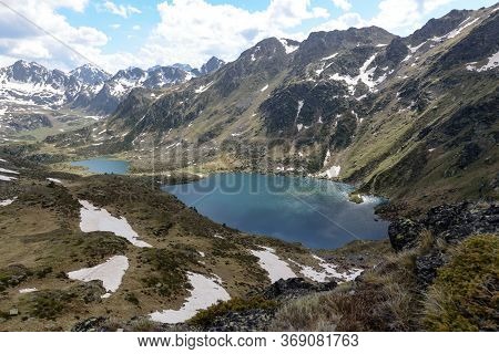 Beautiful View Hiking In The Andorra Pyrenees Mountains In Ordino, Near The Lakes Of Tristaina.