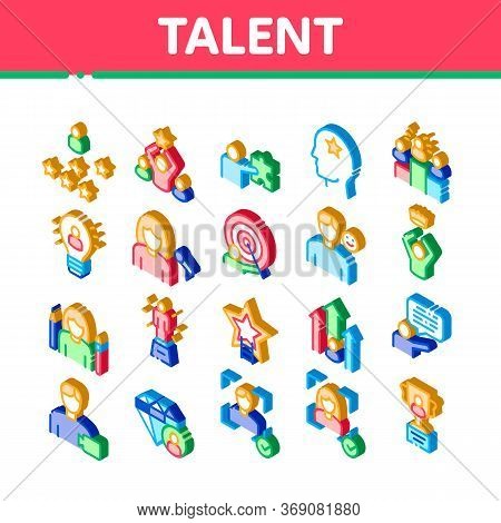 Human Talent Elements Icons Set Vector. Isometric Idea And Target, Diamond And Star, Signer, Speaker