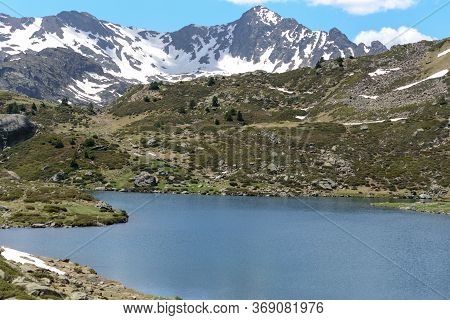 Beautiful View Hiking In The Andorra Pyrenees Mountains In Ordino, Near The Lakes Of Tristaina.