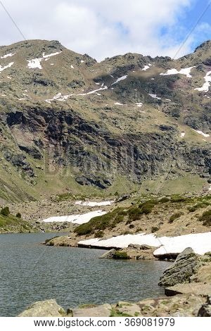 Beautiful View Hiking In The Andorra Pyrenees Mountains In Ordino, Near The Lakes Of Tristaina.