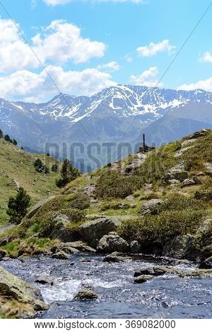 Beautiful View Hiking In The Andorra Pyrenees Mountains In Ordino, Near The Lakes Of Tristaina.