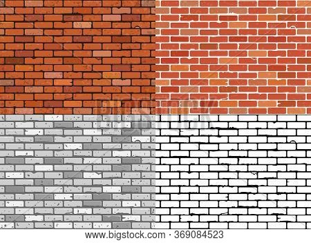 Set Seamless Grunge Brick Wall Textures. Realistic, Gray, Black And White Brickwall Backgrounds. Pat
