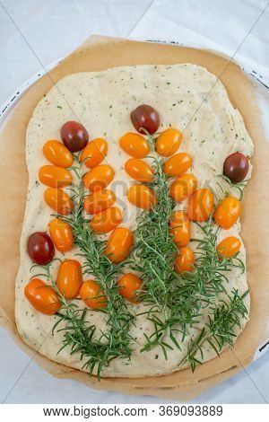 Home Made Gardenscape Focaccia Bread On A Table