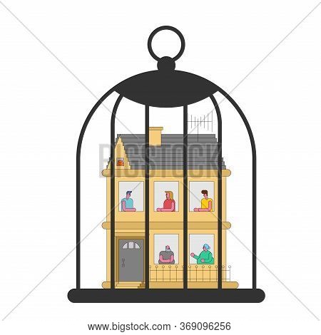 House Inside Cage Coronavirus Protection. Quarantine Self-isolation. Covid-19 Viruses Around