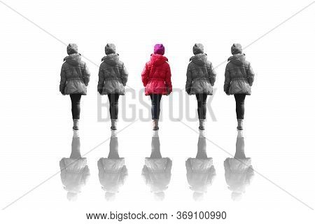 Abstract Photo Of Girl In Red Jacket From Back Between Black And White Images Of Same Girl Isolated 