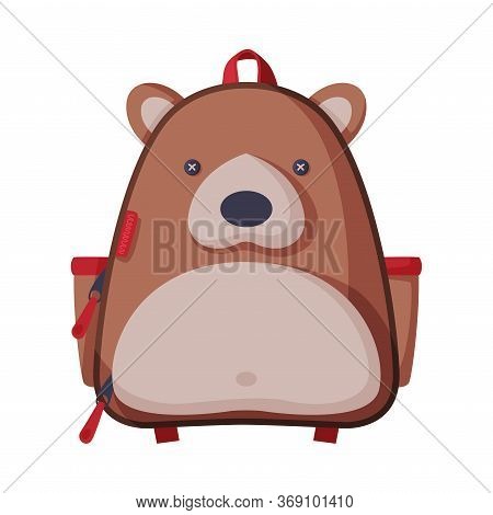 Bear Shaped Childish Backpack, Front View Of School Children Rucksack Flat Style Vector Illustration