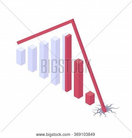 Economic And Financial Crisis Isometric Vector Illustration - Graph With Red Arrow Breaking Hole.