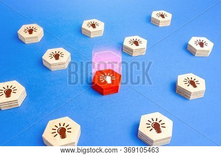 A Red Figure With A Light Bulb Stands Out Among The Rest. Choose Best Idea. Promising Business Start