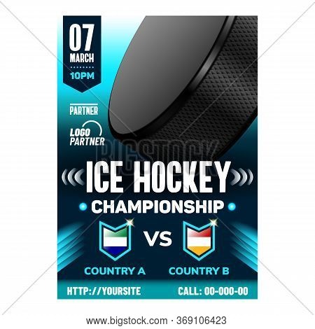 Hockey Ice Rink Extremal Sport Flyer Poster Vector. Puck And Hockey Stick, Skates And Protective Hel