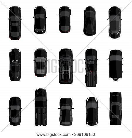 Vector Illustration Big Icon Set, Collection Black Cars Top View. Sport Car, Pickup Truck, Sedan, Sm