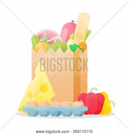 Grocery Bag Isolated On White Background. Paper Bag With Fresh Food. .