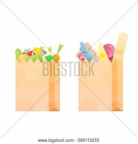 Two Paper Bag Full Of Food. Colorful Vector Illustration