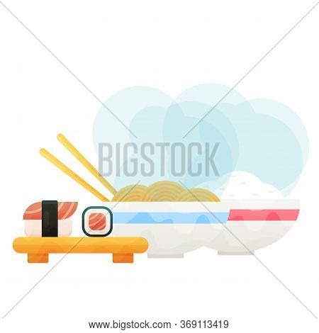 Sushi Set And On Wooden Board And Bowls Whith Rice And Nooddles.
