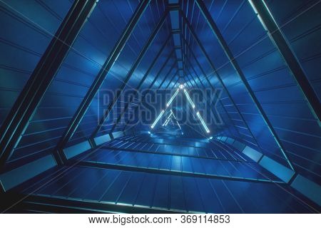 Flying Through Glowing Neon Triangles Creating A Tunnel, Modern Colorful Lighting, 3d Illustration
