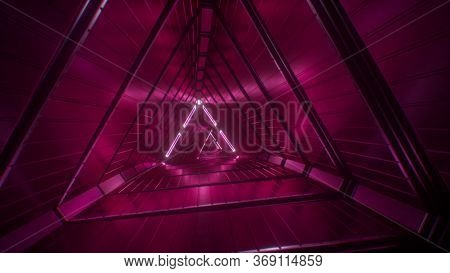 Flying Through Glowing Neon Triangles Creating A Tunnel, Modern Colorful Lighting, 3d Illustration