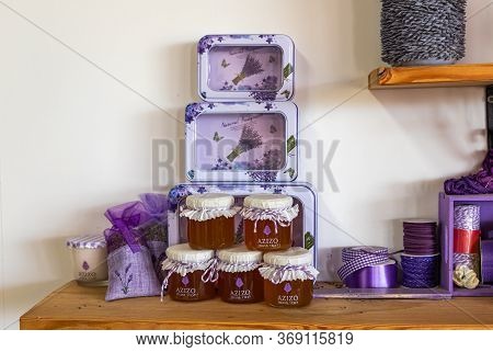 Kanaf, Israel, May 29, 2020 : Lavender Seeds And Odor Candles And Lavender Honey For Sale In A Store