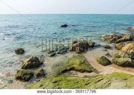 Rocks , Sea And Blue Sky -  Bangsaen Beach, Khao Sam Muk,  Chonburi. Thailand