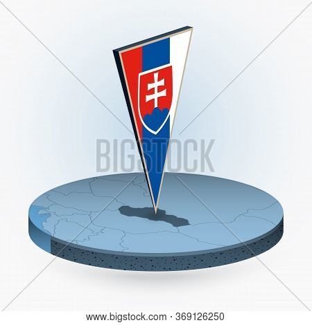Slovakia Map In Round Isometric Style With Triangular 3d Flag Of Slovakia, Vector Map In Blue Color.