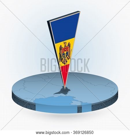 Moldova Map In Round Isometric Style With Triangular 3d Flag Of Moldova, Vector Map In Blue Color.