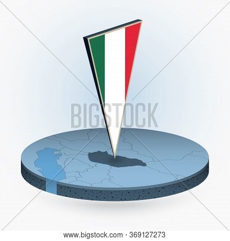 Hungary Map In Round Isometric Style With Triangular 3d Flag Of Hungary, Vector Map In Blue Color.