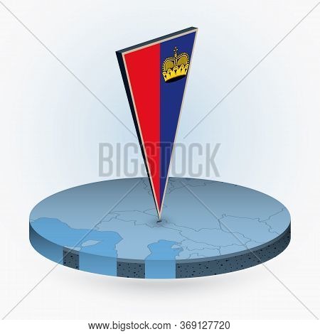 Liechtenstein Map In Round Isometric Style With Triangular 3d Flag Of Liechtenstein, Vector Map In B