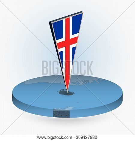 Iceland Map In Round Isometric Style With Triangular 3d Flag Of Iceland, Vector Map In Blue Color.