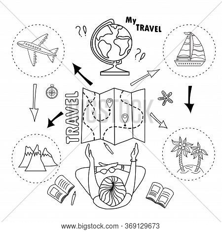 Tourist Girl. Chooses And Plans A Trip. Sea Or Mountains. Doodle Set Of Tourism And Transport. How T
