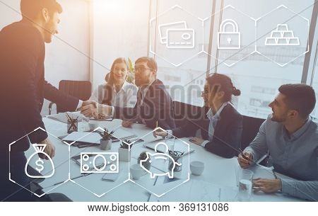 Crearive Collage With Businesspeople On Meeting In Conference Hall And Banking Icons On Virtual Scre