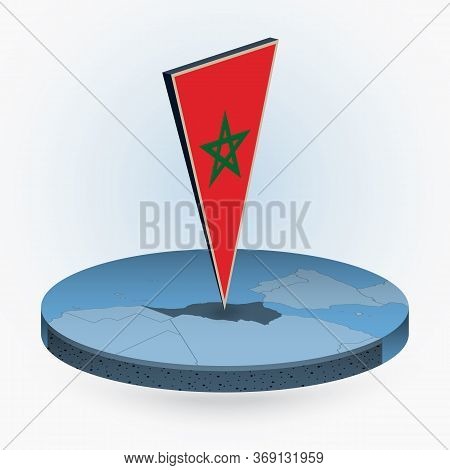 Morocco Map In Round Isometric Style With Triangular 3d Flag Of Morocco, Vector Map In Blue Color.