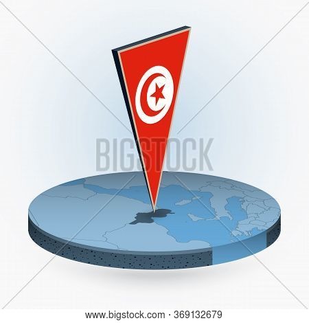 Tunisia Map In Round Isometric Style With Triangular 3d Flag Of Tunisia, Vector Map In Blue Color.