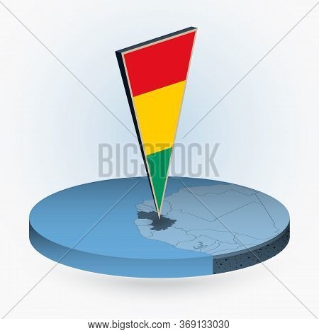 Guinea Map In Round Isometric Style With Triangular 3d Flag Of Guinea, Vector Map In Blue Color.