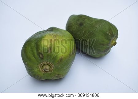 Closeup Of Green Papaya, Papaw Or Pawpaw Or Raw Papaya Fruit Indian Mexico American Used For Cuisine