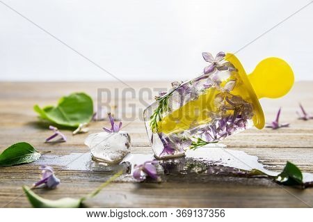 Spring Ice Cream With Lilac Flowers, Wooden Background
