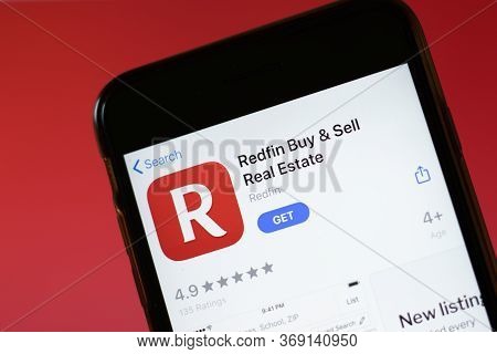 Moscow, Russia - 1 June 2020: Redfin Estate App Mobile Logo Close-up On Screen Display, Illustrative