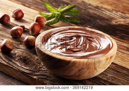 Homemade Hazelnut Spread In A Bowl. Hazelnut Nougat Cream Closeup